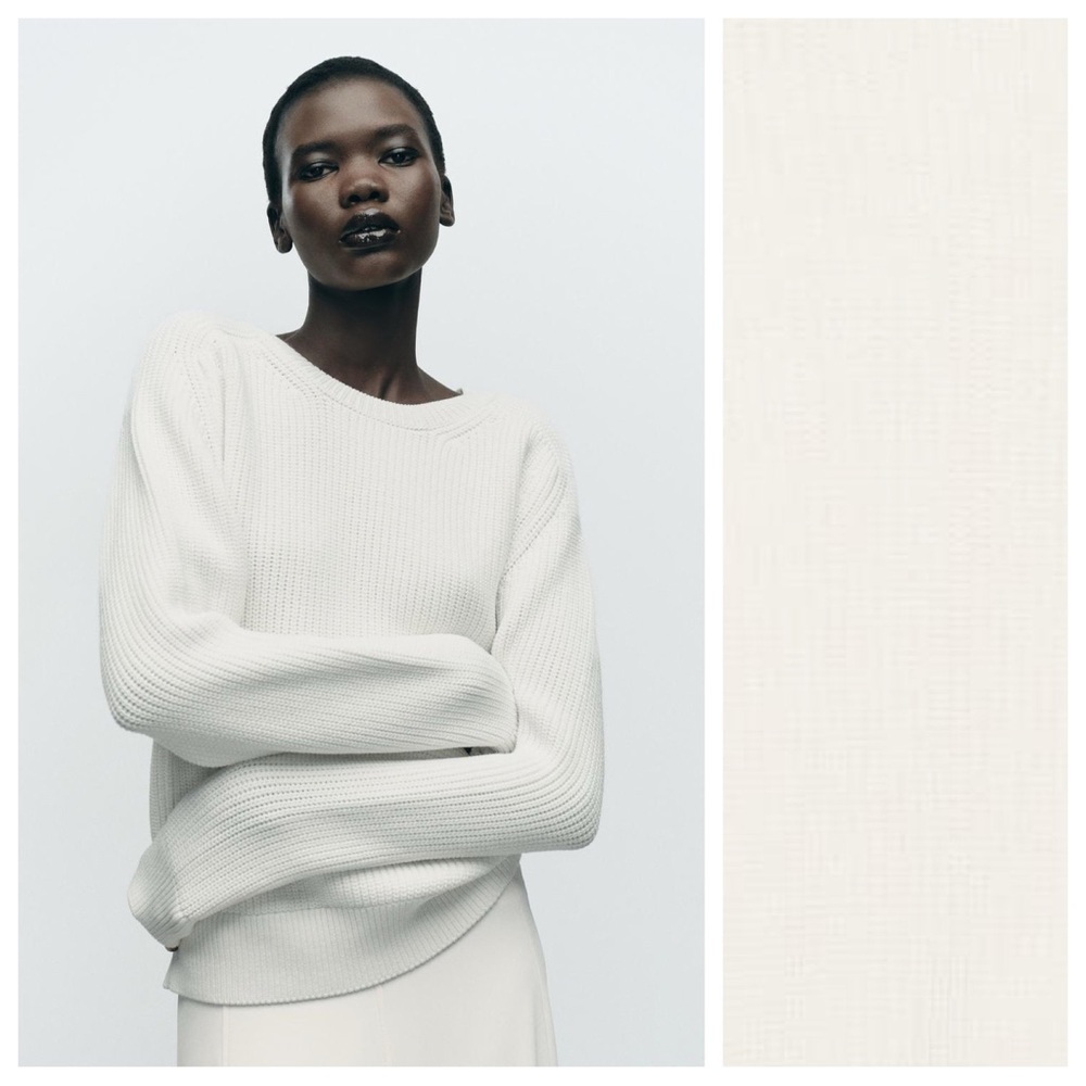 NWT. Zara Ecru/White Lyocell Blend Purl Knit Sweater. Size L.